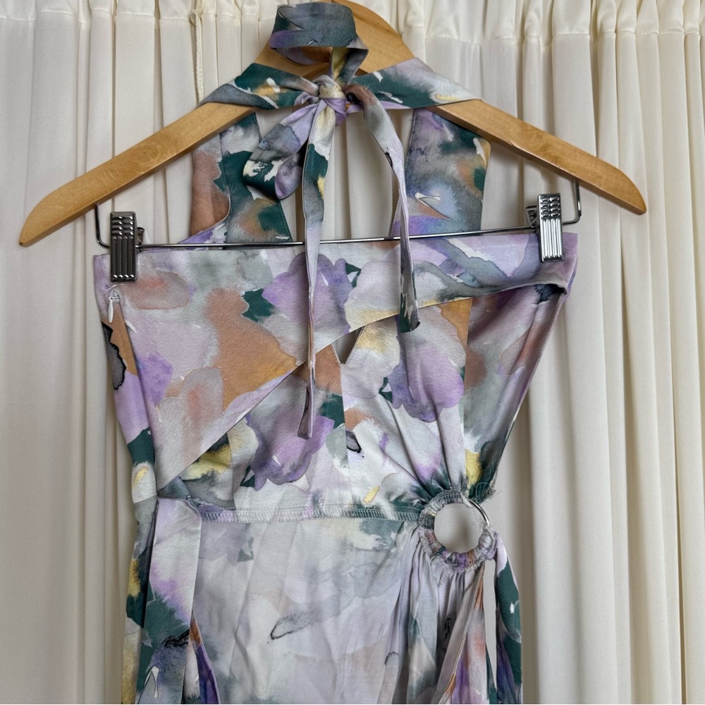 For Love And Lemons Megan Midi‎ Dress Purple Floral Satin Wrap Slit Sundress NEW - Picture 6 of 10